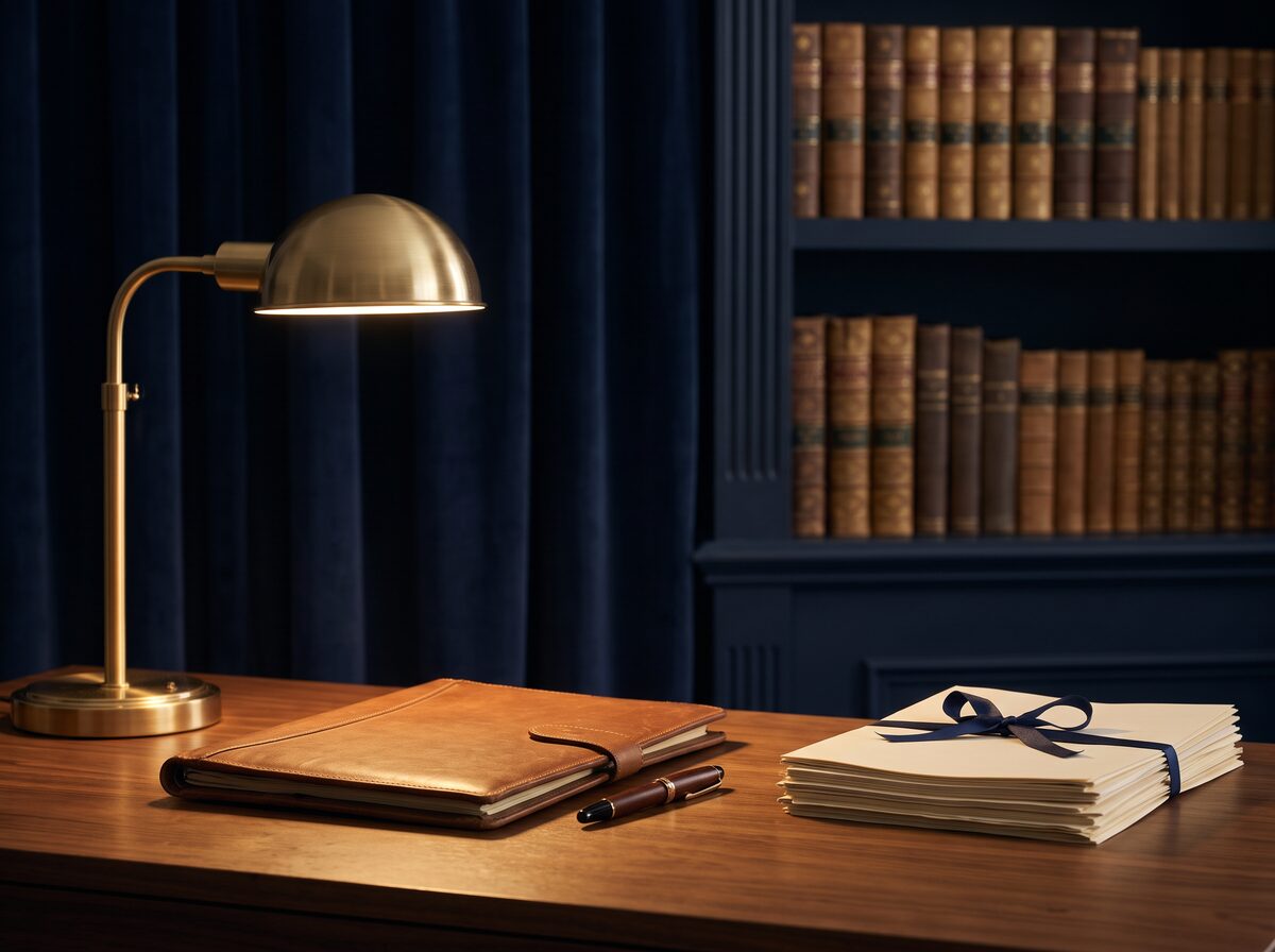 A private study with a brass lamp, leather portfolio and bound documents