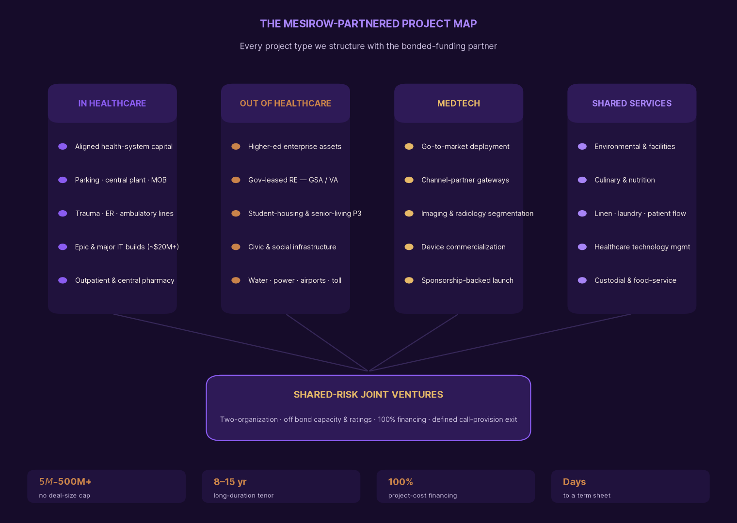 The project map Northview structures with its bonded-funding partner — in-healthcare, out-of-healthcare, MedTech and shared-services project types converging on shared-risk joint ventures